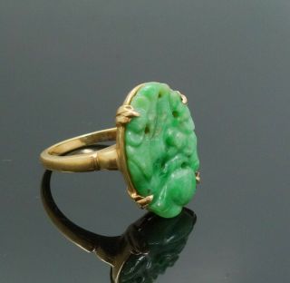 Vintage Estate Found Early 20c 14k Gold Carved Pierced Green Jadeite Ring