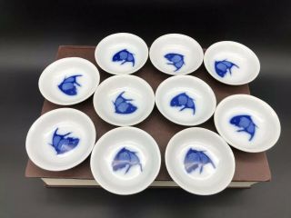 10x Vintage Ceramic Oriental Chinese Koi Fish Blue White Sauce Soy Small Bowl