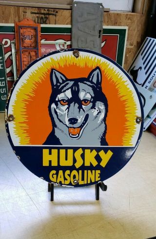 Husky Gasoline Porcelain Sign Motor Oil Gas Vintage Pump Plate