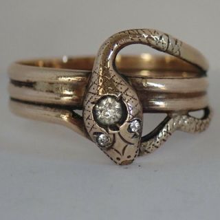 Antique Victorian Edwardian Engraved Gold Filled Paste Rhinestone Snake Ring