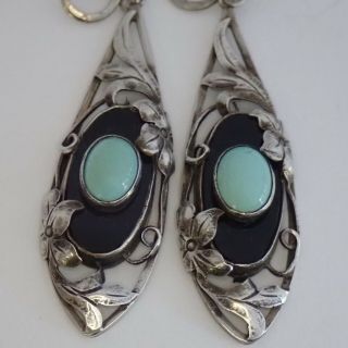 Vintage Art Deco Hand Wrought Sterling Silver Turquoise Onyx Flower Earrings