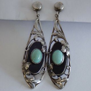 VINTAGE ART DECO HAND WROUGHT STERLING SILVER TURQUOISE ONYX FLOWER EARRINGS 2