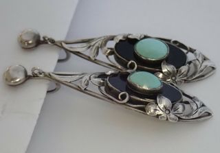VINTAGE ART DECO HAND WROUGHT STERLING SILVER TURQUOISE ONYX FLOWER EARRINGS 3