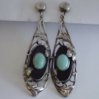 VINTAGE ART DECO HAND WROUGHT STERLING SILVER TURQUOISE ONYX FLOWER EARRINGS 4