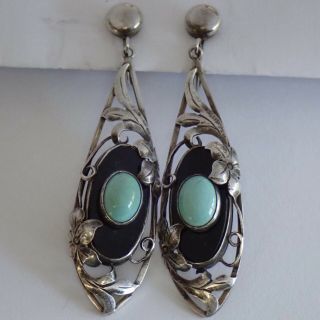 VINTAGE ART DECO HAND WROUGHT STERLING SILVER TURQUOISE ONYX FLOWER EARRINGS 7