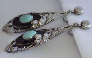 VINTAGE ART DECO HAND WROUGHT STERLING SILVER TURQUOISE ONYX FLOWER EARRINGS 8