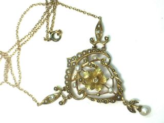 Antique 1920s 14k Yellow Gold Diamond Lavalier Necklace.  15.  75 ".  5.  8gm.