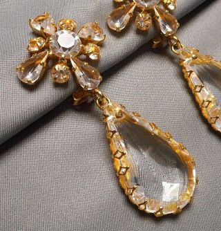 Vintage Signed Schreiner Drop Earrings - Faceted Crystal & Gold - Tone Clip Style