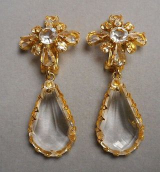 Vintage Signed Schreiner Drop Earrings - Faceted Crystal & Gold - tone Clip Style 2
