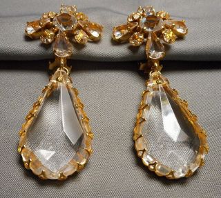 Vintage Signed Schreiner Drop Earrings - Faceted Crystal & Gold - tone Clip Style 4