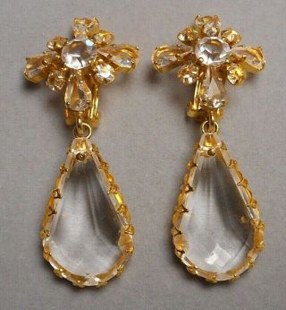 Vintage Signed Schreiner Drop Earrings - Faceted Crystal & Gold - tone Clip Style 7