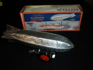 Old Schylling Aluminum Airship - Graf Zeppelin Wind - Up Tin Toy Very Good Cond