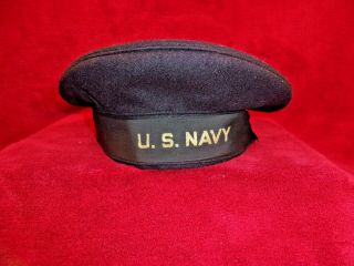 Ww2 U.  S.  Navy Flat Top Blue Wool Hat,  Size 7 1/8 Great