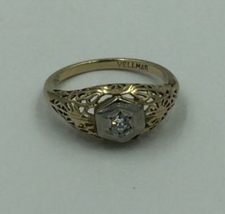 Vintage 10k Yellow & White Gold & Diamond Art Deco Ring Size 6.  5