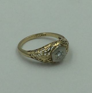 Vintage 10K Yellow & White Gold & Diamond Art Deco Ring Size 6.  5 2