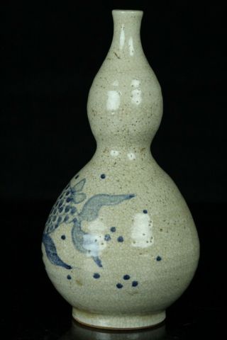 JUL086 KOREAN BLUE&WHITE PORCELAIN GOURD TYPE BOTTLE FISH DESING W/BOX 3