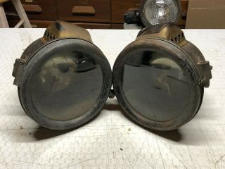 Vintage Early Pair Carbide Headlights Car Old Truck Motorcycle Fork Mount Rare