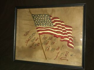 Old Antique 47 Star American Flag " If I Had A 1000 Lives " Embroidery Needlepoint
