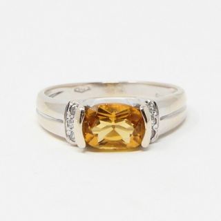 Vtg Hm 1980s Solid 18ct White Gold Citrine Quartz & Diamond Art Deco Ring Size P