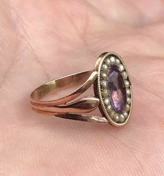 A Antique 15ct Rose Gold Amethyst & Seed Pearl Georgian Ring,  C1800s.