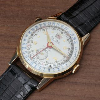 Vintage Eloga Triple Date Calendar Swiss Men ' s Wrist Watch Brevet Gold Tone 34mm 2