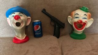 2 Authentic Vintage Water Game Clown Heads & Gun - Carnival,  Amusement