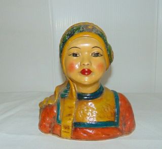 Vintage Chalkware Bust Chinese Asian Girl Art Deco