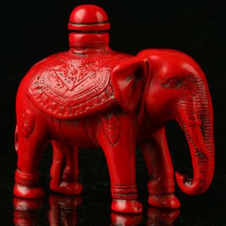 China Exquisite Red Coral Hand Carved Elephant Snuff Bottle 2