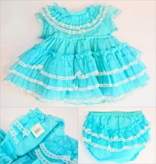 Vintage Pazazz Baby/toddler Dress,  Aqua/blue Lined Sheer Frills & Lace Usa Small
