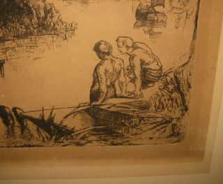 Antique 1878 SEYMOUR HADEN ' Windsor Castle ' Signed ETCHING - Eton Boys SWIMMING 7