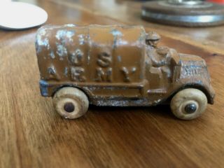 Antique Old Cast Metal Us Army Brown Truck Cream Wheels Driver Military Play Toy
