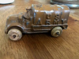 ANTIQUE OLD CAST METAL US ARMY BROWN TRUCK CREAM WHEELS DRIVER MILITARY PLAY TOY 2