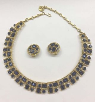 Omg Vintage Lisner Sapphire Blue Rhinestone Necklace Clip On Earrings Set