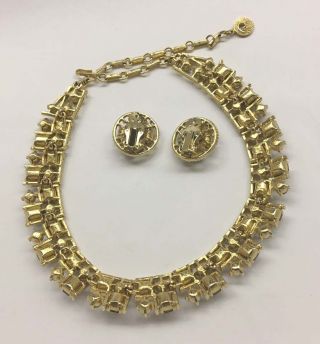 OMG Vintage LISNER Sapphire Blue Rhinestone Necklace Clip On Earrings Set 2