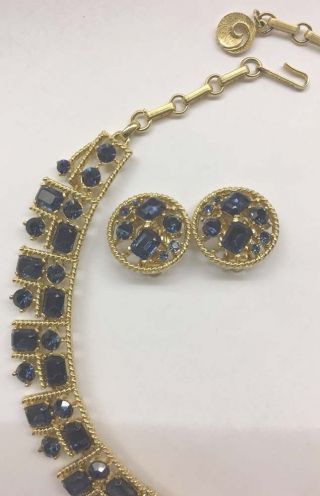 OMG Vintage LISNER Sapphire Blue Rhinestone Necklace Clip On Earrings Set 3