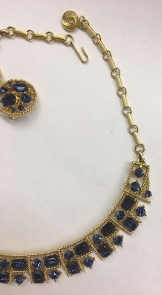 OMG Vintage LISNER Sapphire Blue Rhinestone Necklace Clip On Earrings Set 4