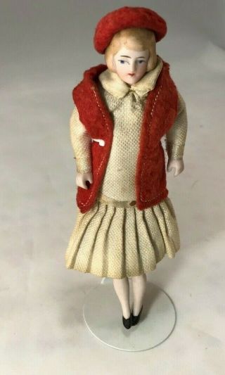 Antique German Bisque Girl With Red Vest And Beret