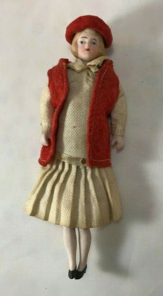 Antique German Bisque Girl with Red Vest and Beret 2