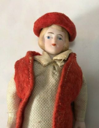 Antique German Bisque Girl with Red Vest and Beret 3
