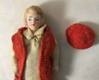 Antique German Bisque Girl with Red Vest and Beret 4