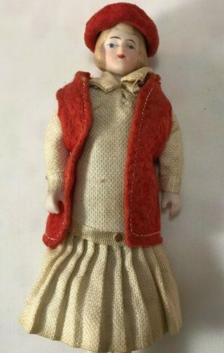 Antique German Bisque Girl with Red Vest and Beret 5