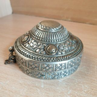 7 Antique Chinese Tibetan Nepal Carved Tingsha Bell Cymbals Box Silver Plated