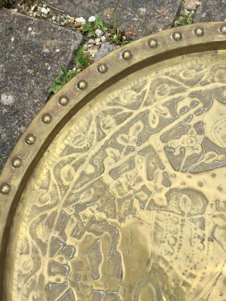 Large 26.  25” Antique Anglo Indian Persian Design Figurative Hammered Brass Tray 2