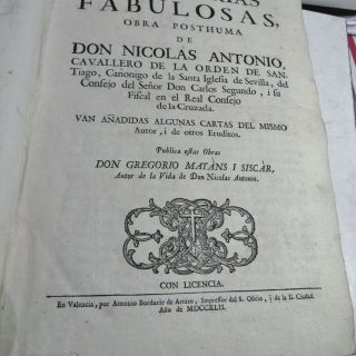 CENSURA DE HISTORIAS FABULOSAS/1742/RARE 1st Ed/DON NICOLAS ANTONIO/VELLUM FOLIO 9