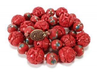 Vintage Chinese Red Cinnabar Lacquer Cloisonne Beads Necklace Filigree Clasp