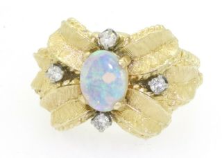 Heavy Vintage 14k Yellow Gold 1.  16ct Diamond And Opal Flower Cocktail Ring Sz 6