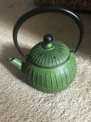 Wonderful Vintage Green Cast Iron Tea Pot With Insert Basket