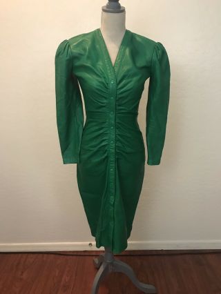 Vintage Leather Bound Ltd.  Long Sleeve Leather Front Snap Dress Green Size S
