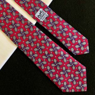 vintage HERMES Paris cardinal red & blue silk Tie Tennis racket print 4