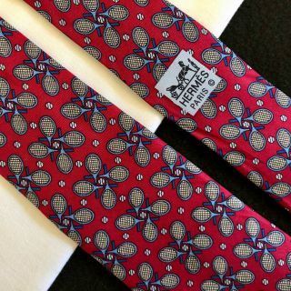 vintage HERMES Paris cardinal red & blue silk Tie Tennis racket print 5